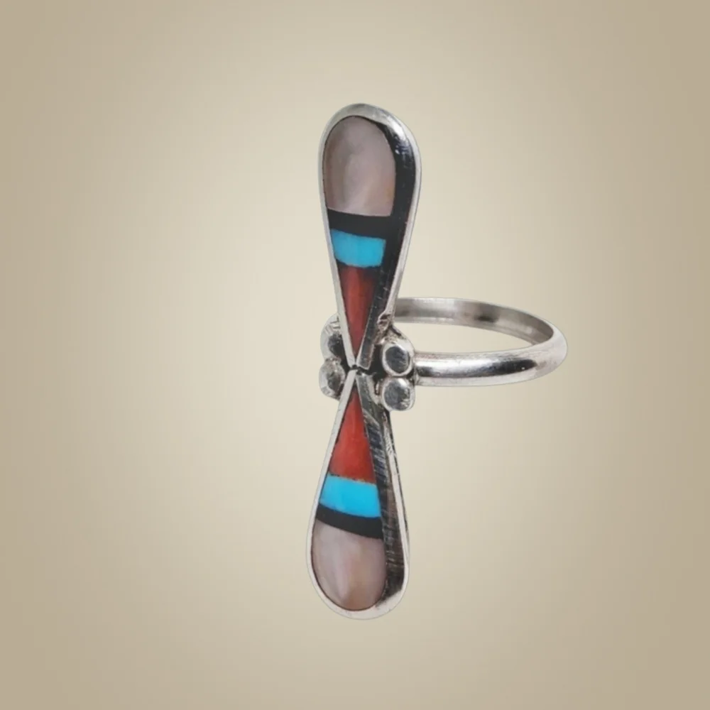 Zuni Sterling Silver Inlay Ring w/MOP, Coral, Turquoise & Onyx – Size 5.25